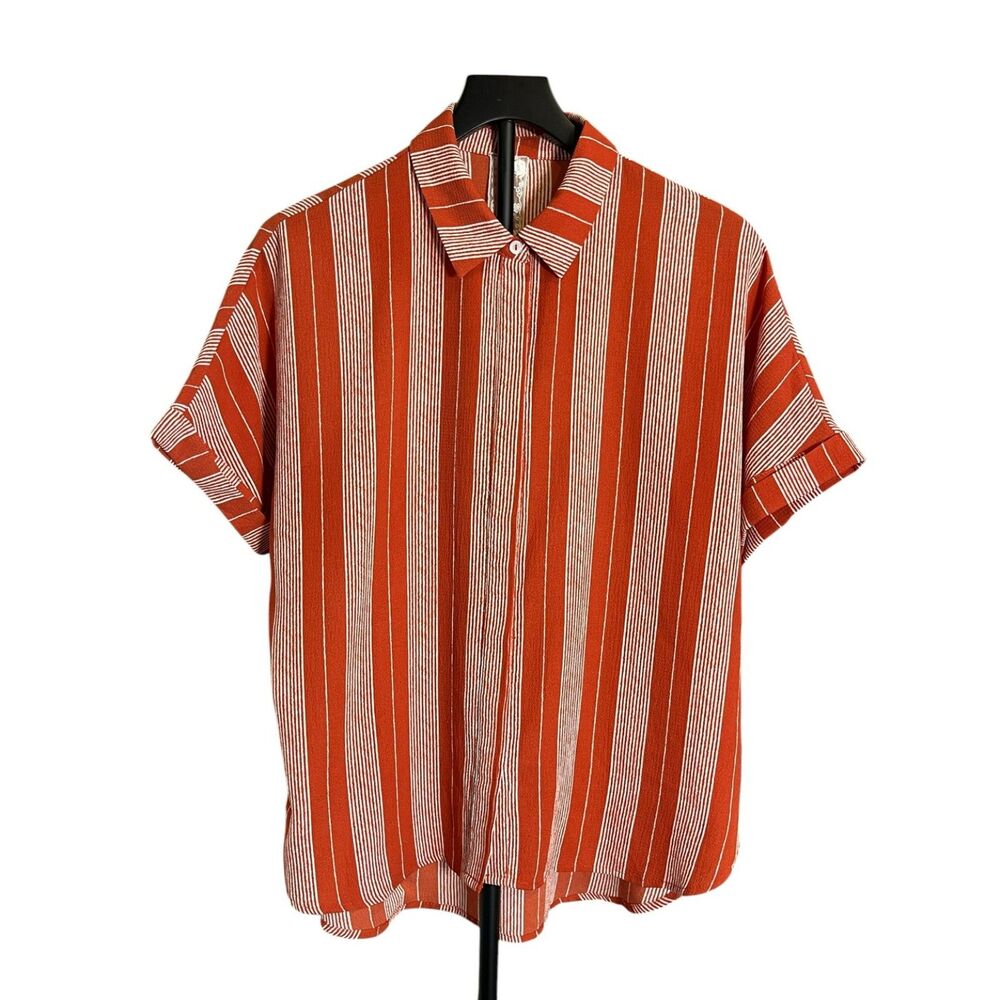 Sadie & Sage Women's M Rust White Stripe Button Front Collared Blouse Boho